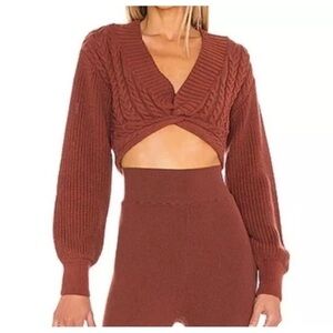 Free People Emilie Cropped Twist Front Cable Sweater Cherry Cola Red Size L